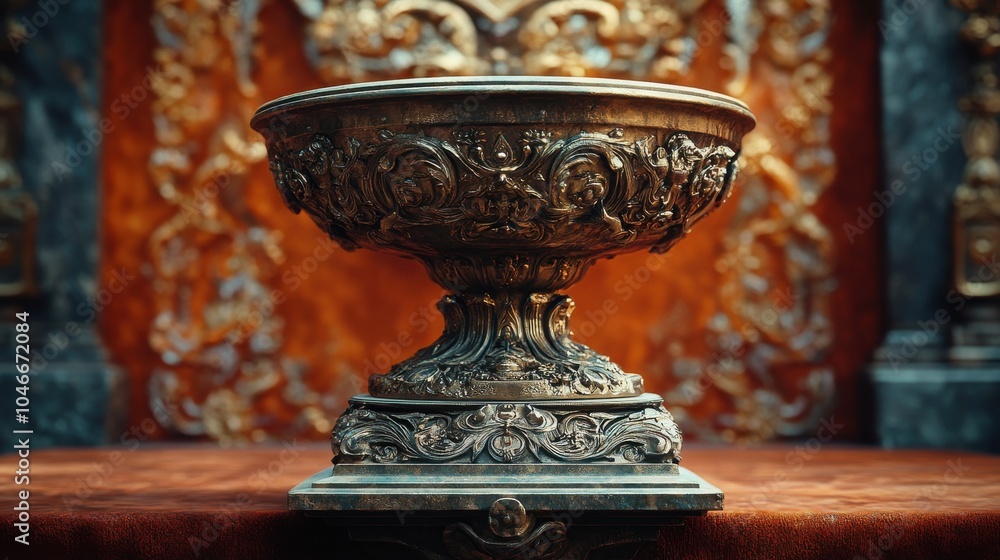 Bronze pedestal with intricate engravings, set against a velvet backdrop. Bronze pedestal with intricate engravings, set against a velvet backdrop.