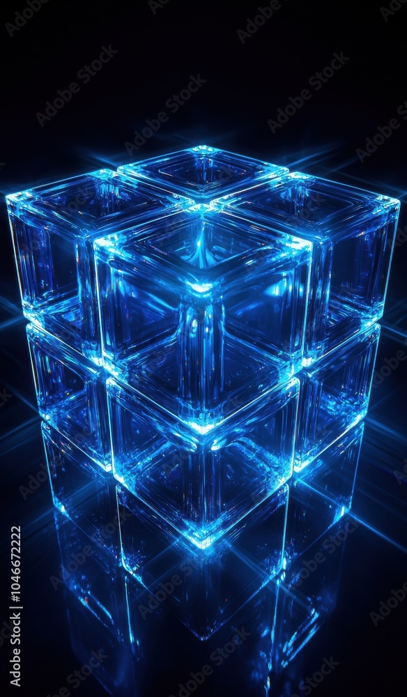 Abstract digital artwork featuring glowing blue cubes arranged in a vertical structure against a dark starry background Abstract digital artwork featuring glowing blue cubes arranged in a vertical structure against a dark starry background
