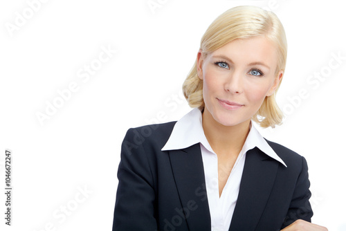 Woman, smile and portrait in studio for business, about us and proposal offer in mockup. Corporate person, pride and confident on white background space for pitch, opinion and decision in Canada