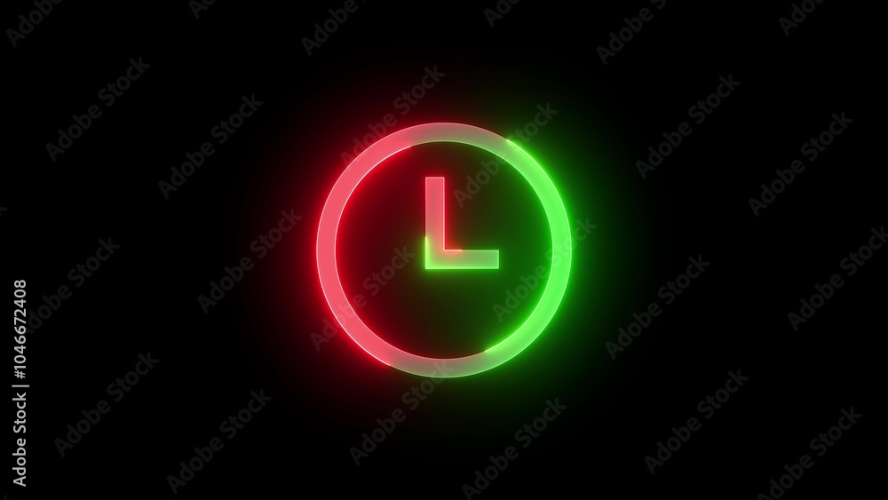 Neon symbol icon, Neon clock sign icon green red color glowing black background Neon symbol icon, Neon clock sign icon green red color glowing black background