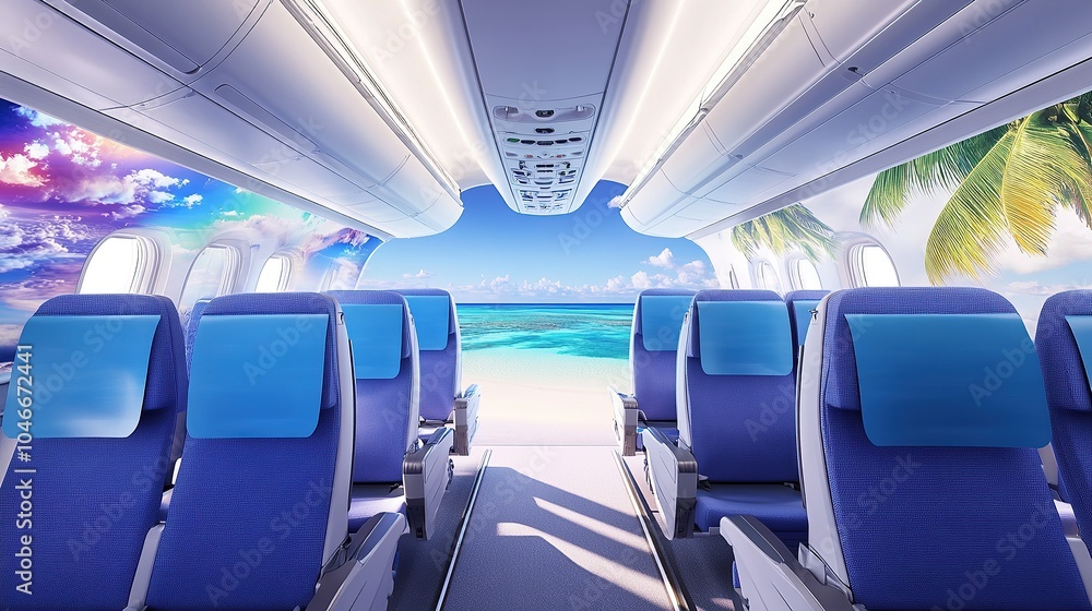 Naklejka premium Scenic Airplane Interior Overlooking a Beach Paradise