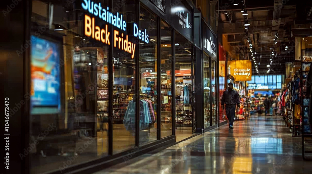 Storefronts in a mall display signs for Black Friday deals. Concept is shopping and sales. For marketing promotions related to retail events. Storefronts in a mall display signs for Black Friday deals. Concept is shopping and sales. For marketing promotions related to retail events.