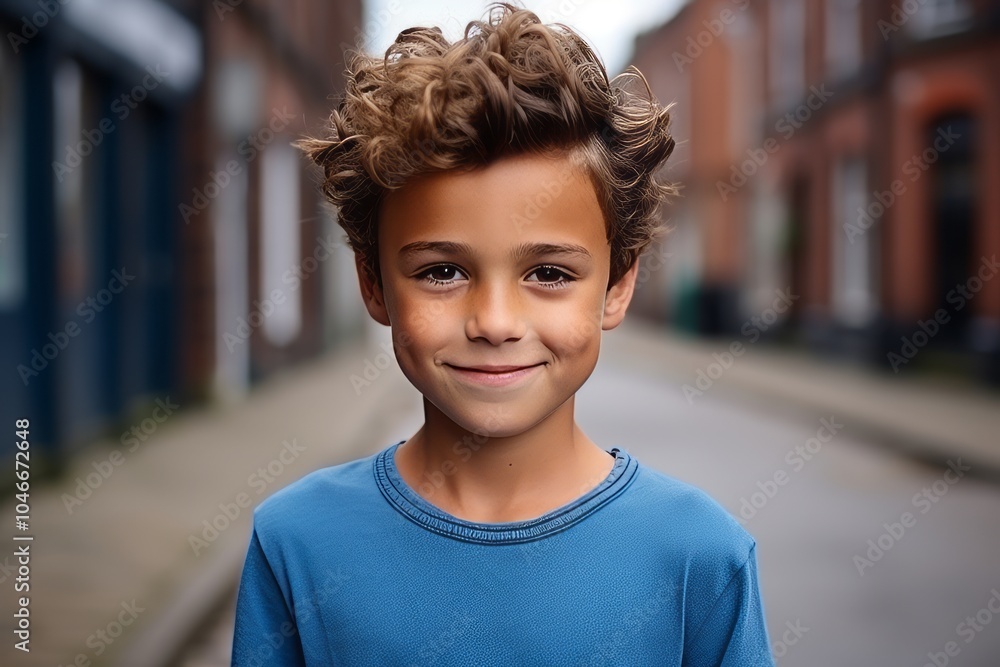 Portrait of a cute young boy with curly hair on the street Portrait of a cute young boy with curly hair on the street