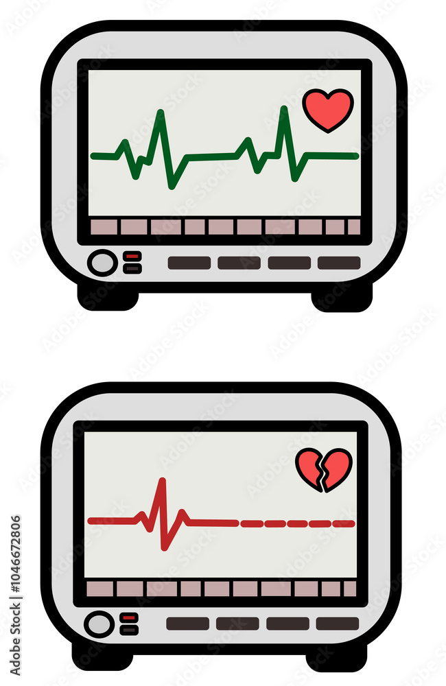 EKG medical hospital monitor equipment displaying healthy and dead heart rate vector flat isolated illustration on white background EKG medical hospital monitor equipment displaying healthy and dead heart rate vector flat isolated illustration on white background