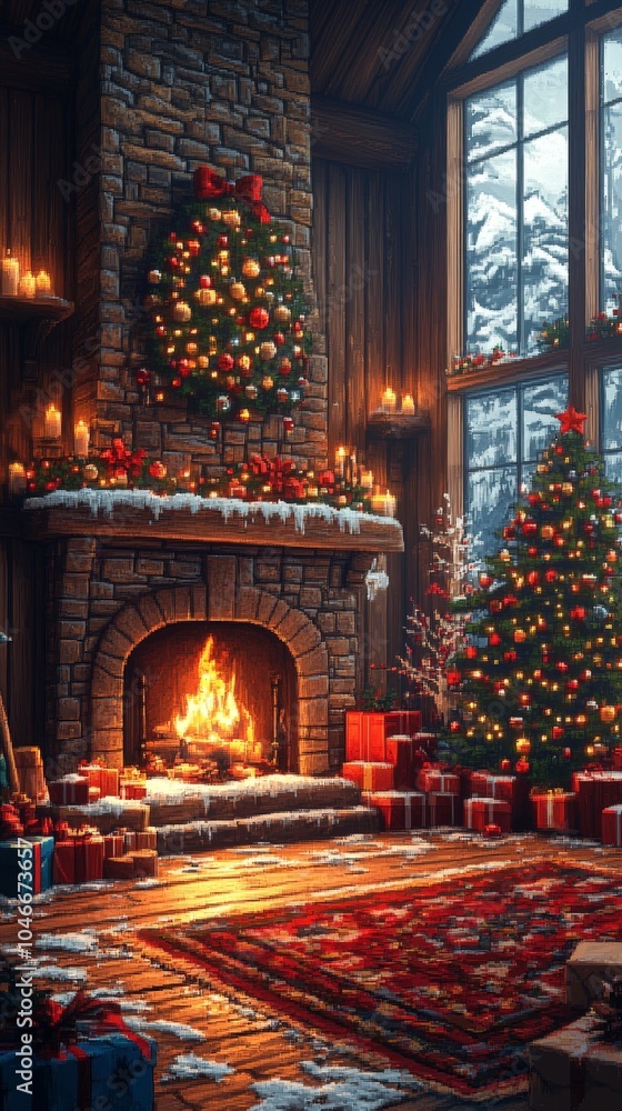 Pixel Art Christmas Living Room Scene with Tree, Gifts, Fireplace and Decorations Pixel Art Christmas Living Room Scene with Tree, Gifts, Fireplace and Decorations