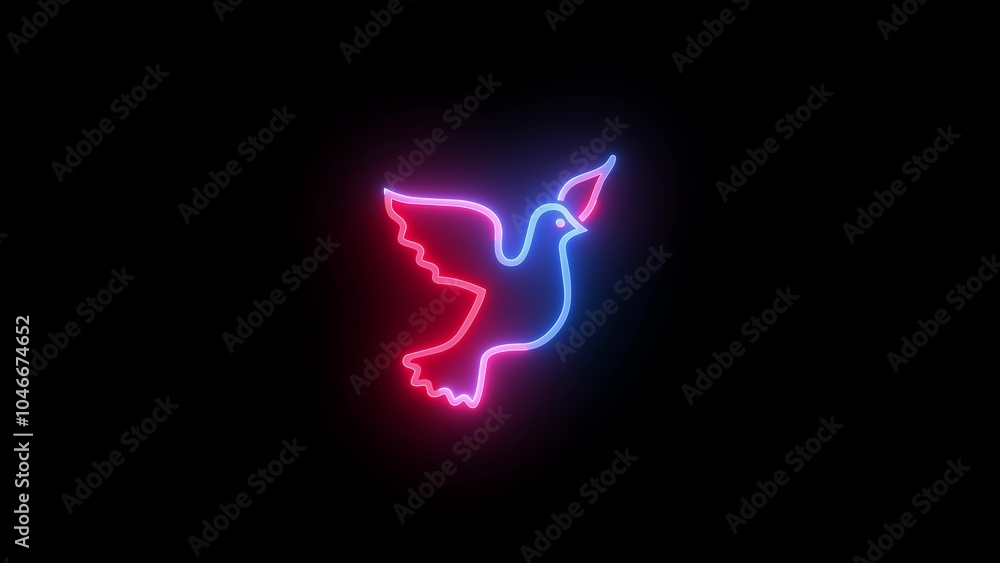 Neon symbol icon, Neon dove bird icon blue red color glowing black background Neon symbol icon, Neon dove bird icon blue red color glowing black background