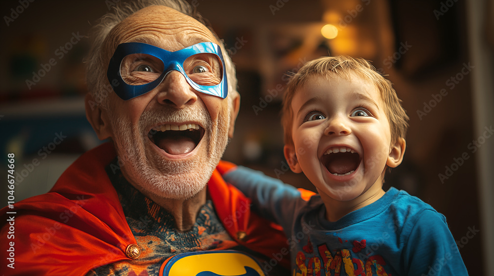 Φωτογραφία Portrait of a happy grandfather with his grandson in superhero costume at home