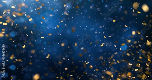 Falling confetti on blue background, abstract background with dark blue and gold particle. Golden light shine particles Bokeh on navy blue background, celebration concept
 photo