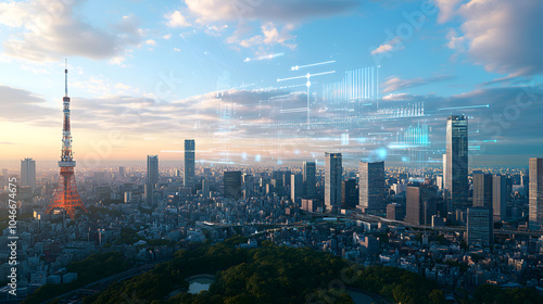 A cityscape of Tokyo, Japan, with digital data streams and light beams connecting various buildings across the landscape