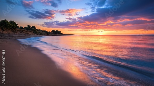 Sunset at the beach with vibrant colors reflecting on the water and waves gently lapping the sandy shore