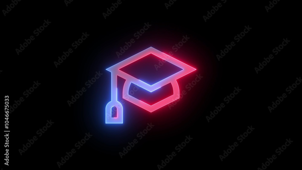 Neon symbol icon, Neon education cap icon blue red color glowing black background Neon symbol icon, Neon education cap icon blue red color glowing black background