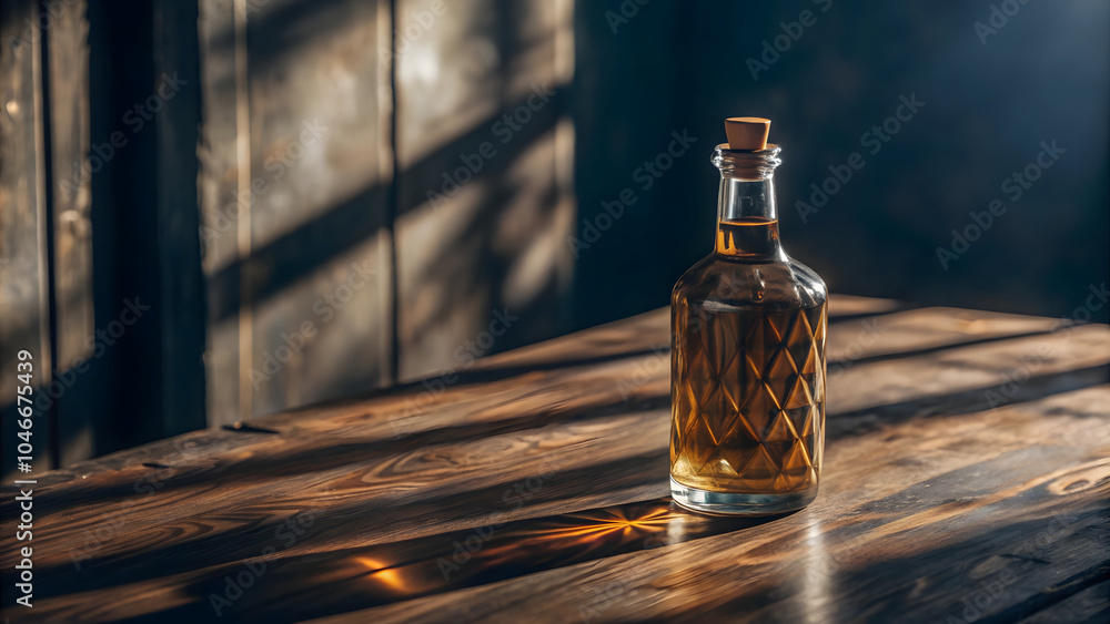 A chilled bottle on a wooden table, perfect for a relaxed evening A chilled bottle on a wooden table, perfect for a relaxed evening