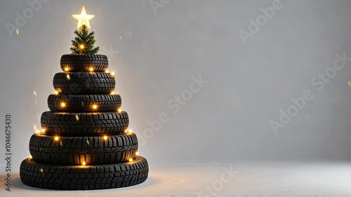Wallpaper Mural christmas tree made of car tires with garland lights, festive holiday decoration, copyspace for text. Torontodigital.ca