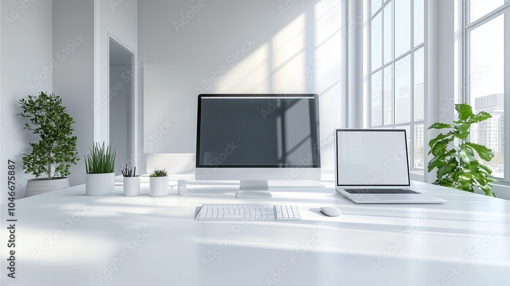 Modern white office interior featuring a desk with a laptop, computer monitor, keyboard, and other office equipment. Modern white office interior featuring a desk with a laptop, computer monitor, keyboard, and other office equipment.