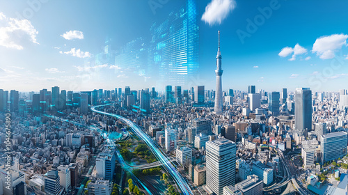 A wide-angle view of Tokyo's skyline with digital data streams and holographic images flowing across the city, symbolizing advanced technology and innovation in business  photo