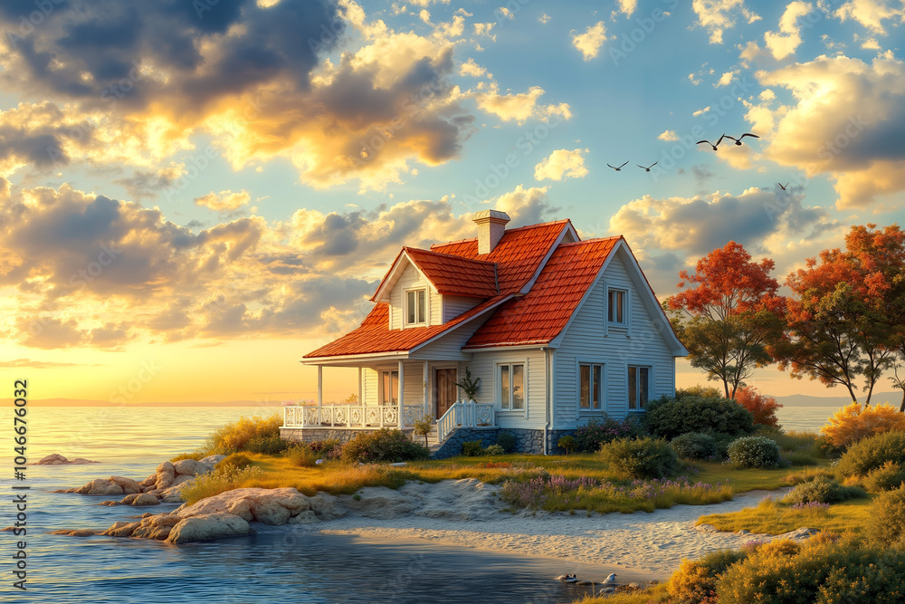 A house on the shore of a body of water at sunset A house on the shore of a body of water at sunset