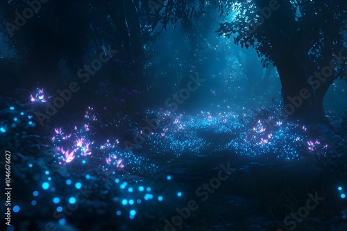 Captivating Bioluminescent Forest Illuminating the Shadowy Woodland with Vibrant Glowing Flora