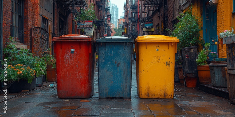 Urban Scene with Colorful Trash Bins in a City Alley Urban Scene with Colorful Trash Bins in a City Alley