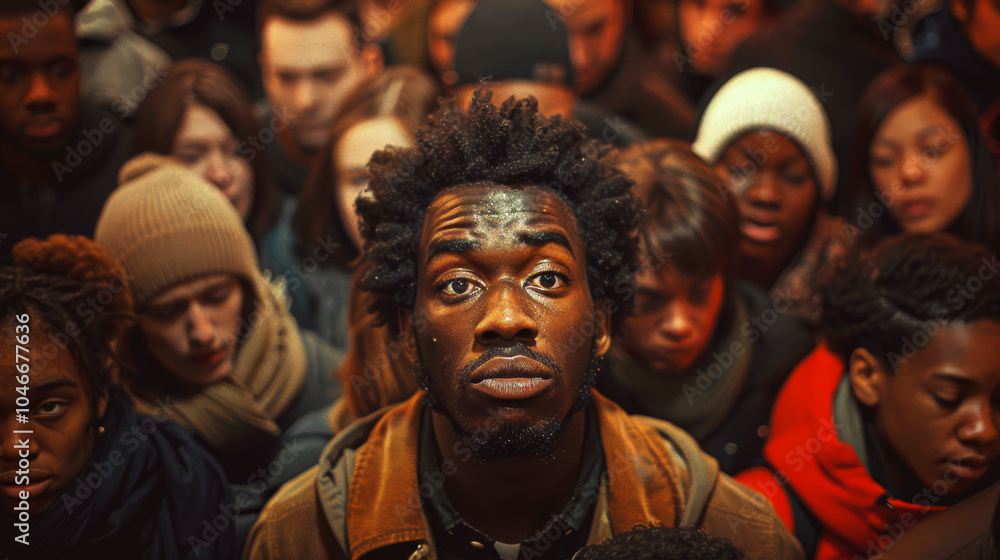 A man with a thoughtful expression stands in the middle of a crowd. Concept of individuality in a bustling environment. For depicting crowded urban settings. A man with a thoughtful expression stands in the middle of a crowd. Concept of individuality in a bustling environment. For depicting crowded urban settings.