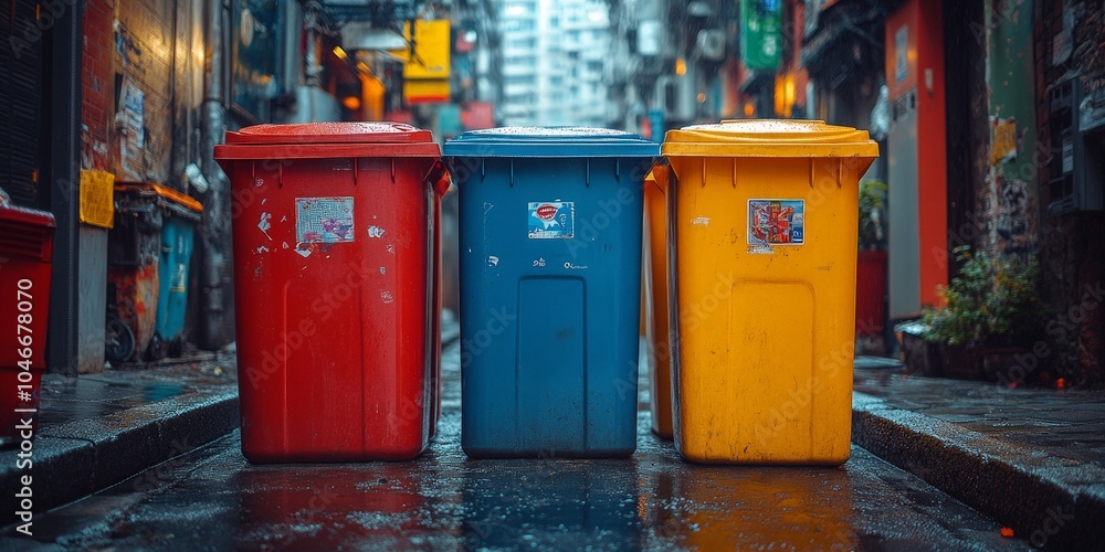 Urban Scene with Colorful Trash Bins in a City Alley Urban Scene with Colorful Trash Bins in a City Alley