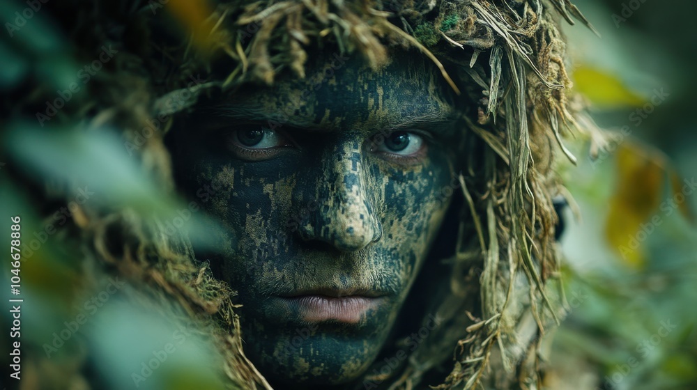 Camouflaged sniper blending into the environment, 4K hyperrealistic photo Camouflaged sniper blending into the environment, 4K hyperrealistic photo