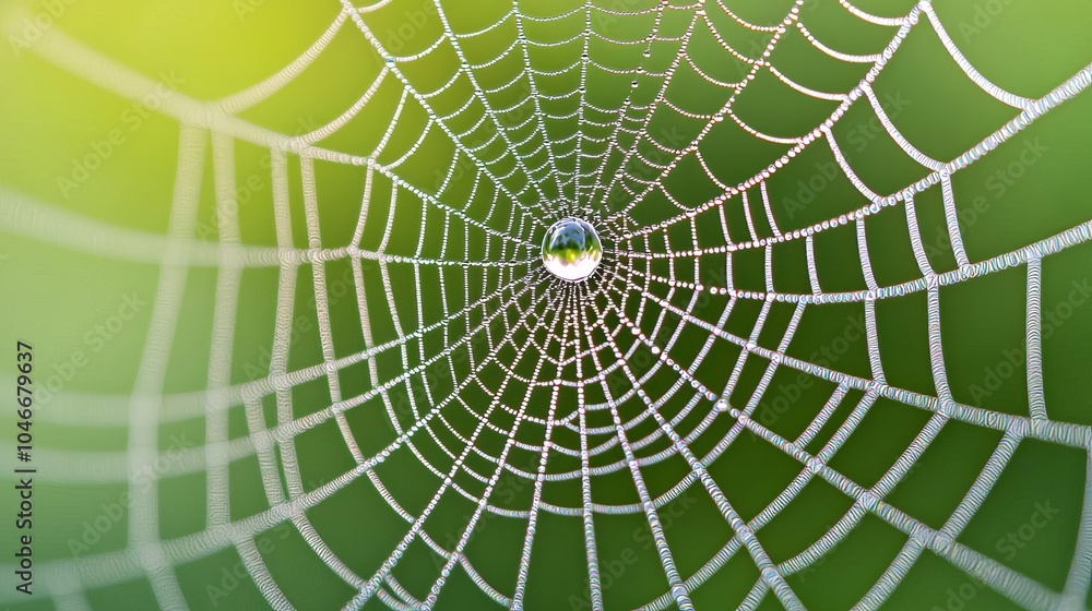 Obraz premium Gleaming water droplet caught in a spiderweb, fluid threads holding it, illuminated by soft morning light, macro focus, delicate fluid, gleaming reflection