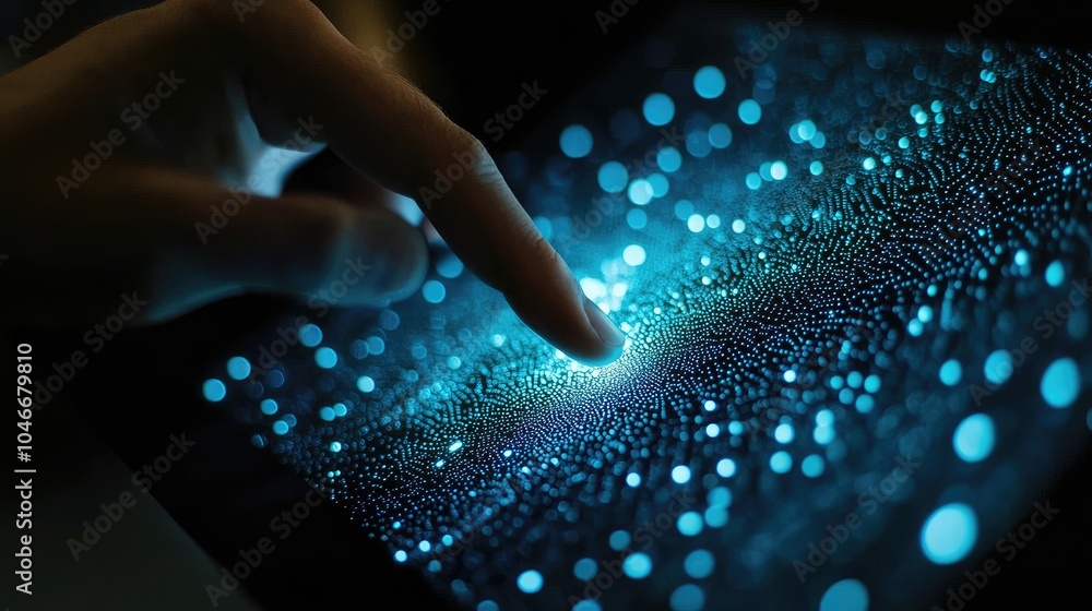 A finger touches a laptop screen filled with a complex web of digital dots, symbolizing technological exploration and curiosity. A finger touches a laptop screen filled with a complex web of digital dots, symbolizing technological exploration and curiosity.