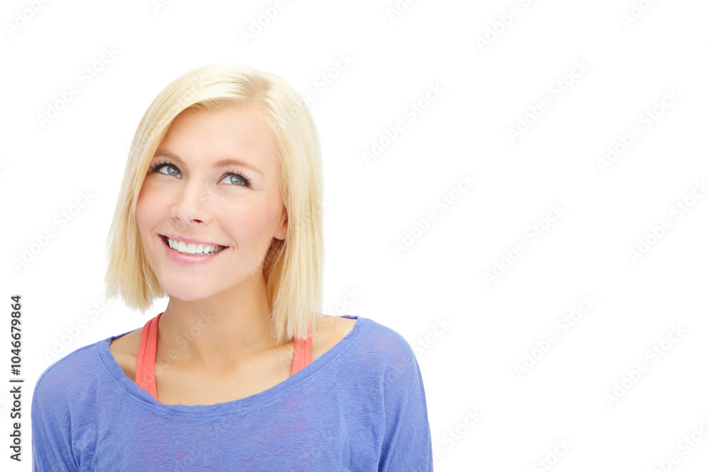 Thinking, woman and happiness for skincare, wellness and anti aging on white background or mockup. Female person, smile and pride with ideas for cosmetics, facial treatment and product in dermatology Thinking, woman and happiness for skincare, wellness and anti aging on white background or mockup. Female person, smile and pride with ideas for cosmetics, facial treatment and product in dermatology