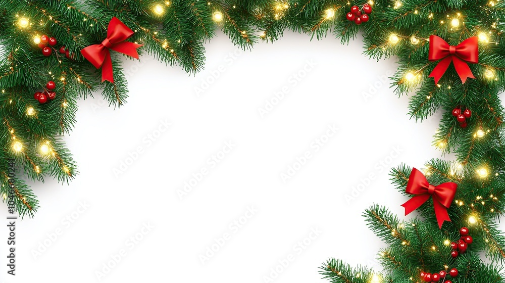Christmas Tree Corner Border with Red Bows and Berries on White Background Christmas Tree Corner Border with Red Bows and Berries on White Background
