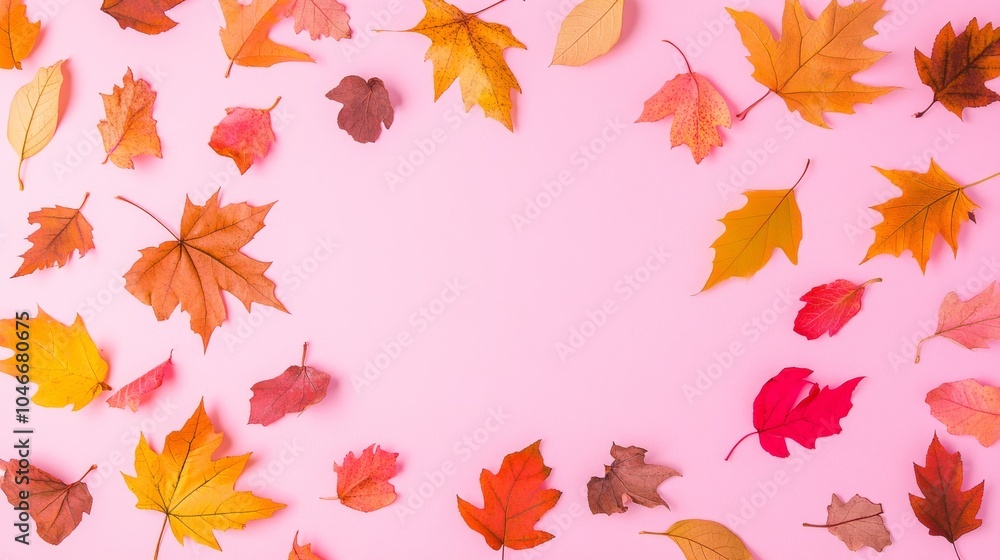 Photo of, Pink background with scattered autumn leaves for design, banner template Photo of, Pink background with scattered autumn leaves for design, banner template