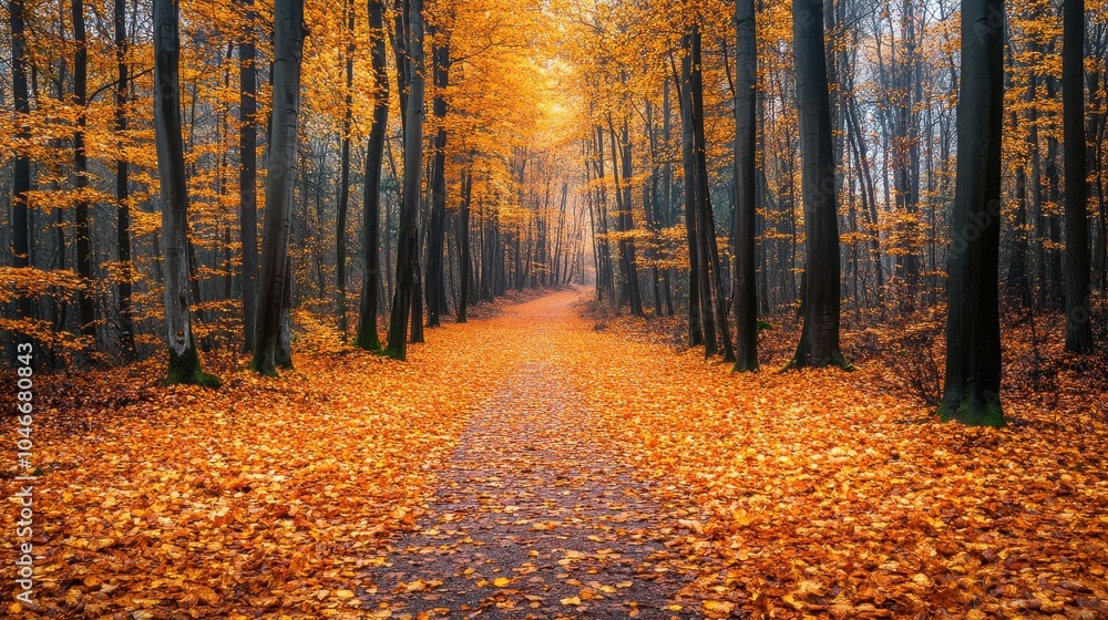 Fototapeta premium Forest trail with a carpet of golden leaves