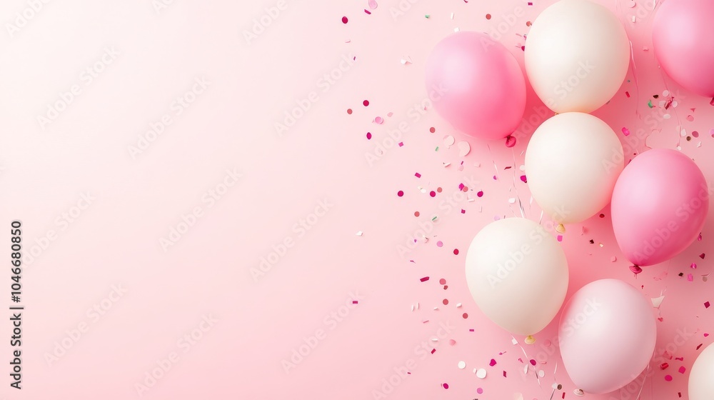 Photo of, Pink background with scattered balloons and confetti for design, banner template Photo of, Pink background with scattered balloons and confetti for design, banner template