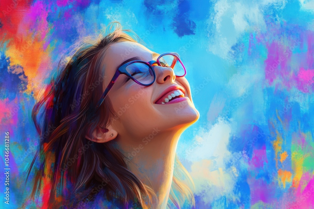 Joyful woman smiling vibrant colorful background Joyful woman smiling vibrant colorful background