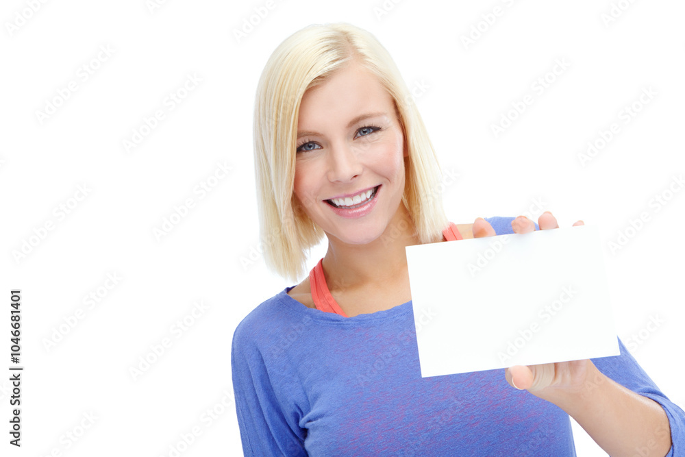 Portrait, woman and billboard for announcement, promotion and logo with mock up space or advertising. Female person, poster and brand for media info or sign as wellness instructor on white background Portrait, woman and billboard for announcement, promotion and logo with mock up space or advertising. Female person, poster and brand for media info or sign as wellness instructor on white background