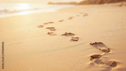 Footprints in the golden sand lead toward the shimmering water at sunset on a tranquil beach