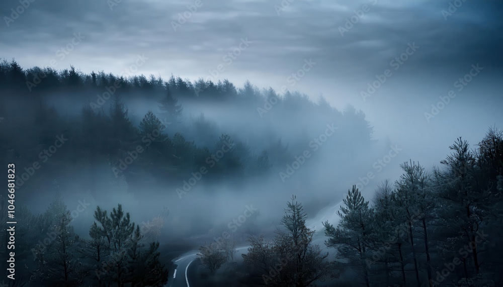 Fototapeta premium Enigmatic Fog Covered Path at Dawn. Lonely Frost Kissed Road Winding Through Bare Winter Trees, Shrouded in Blue Mist Solitude Mystery Sense of the Unknown. Perfect for Dark, Reflective or Haunting