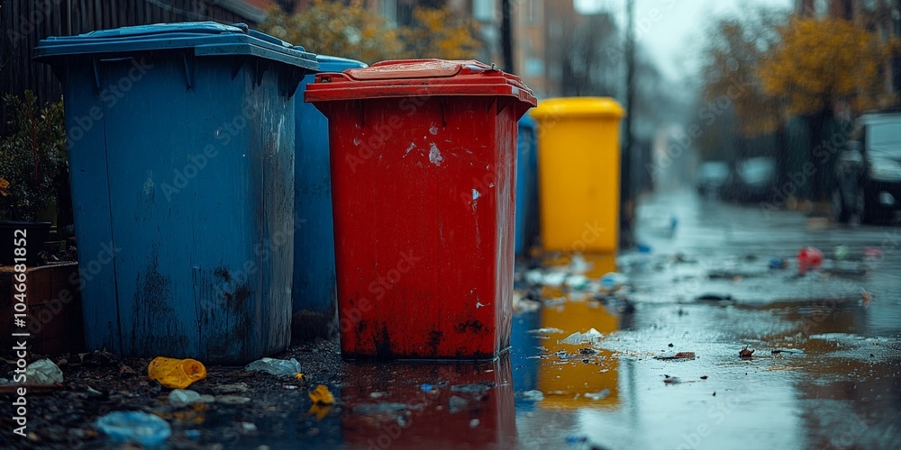 Obraz premium Colorful trash bins in a city alleyway on a rainy day