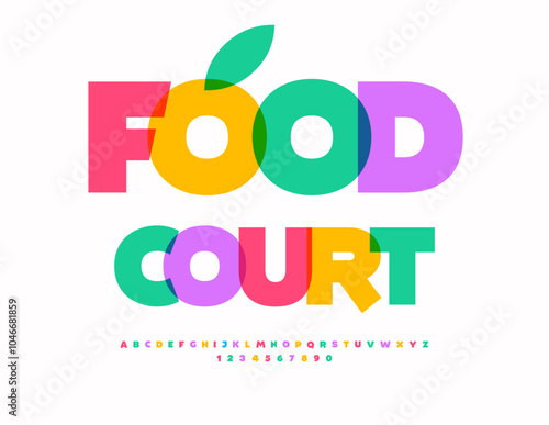Vector colorful poster Food Court. Bright Creative Font. Decorative Alphabet Letters and Numbers. 