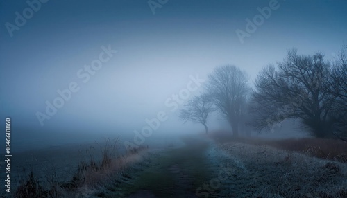 Enigmatic Fog Covered Path at Dawn. Lonely Frost Kissed Road Winding Through Bare Winter Trees, Shrouded in Blue Mist Solitude Mystery Sense of the Unknown. Perfect for Dark, Reflective or Haunting  photo