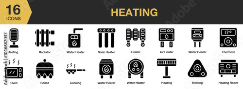 Heating solid icon set. Includes heating, oven, radiator, solar heater, thermostat, water heater, and More. Solid icons vector collection.