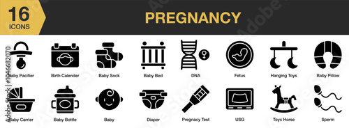 Pregnancy solid icon set. Includes usg, toys horse, sperm, hanging toys, fetus, diaper, and More. Solid icons vector collection.