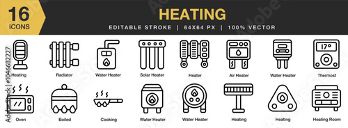 Heating icon set. Editable Stroke Icon Collection. Includes air heater, boiled, cooking, heater, heating room, and More. Outline icons vector collection.