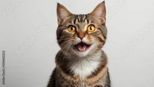 Tabby cat is meowing with its mouth wide open