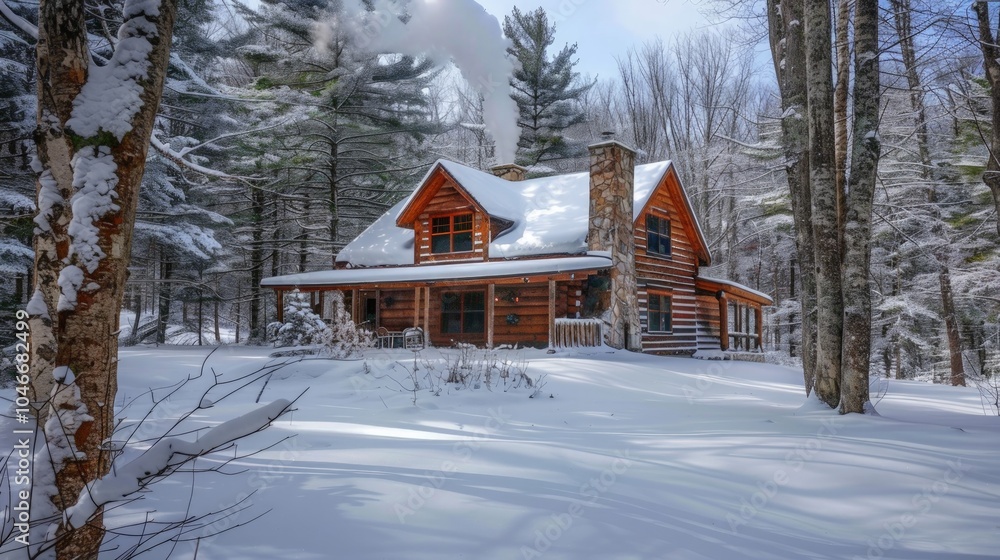 Cozy cabin in winter wonderland, smoke spiraling from chimney, surrounded by pristine snow, inviting warmth amidst serene snowy landscape, perfect retreat for relaxation Cozy cabin in winter wonderland, smoke spiraling from chimney, surrounded by pristine snow, inviting warmth amidst serene snowy landscape, perfect retreat for relaxation