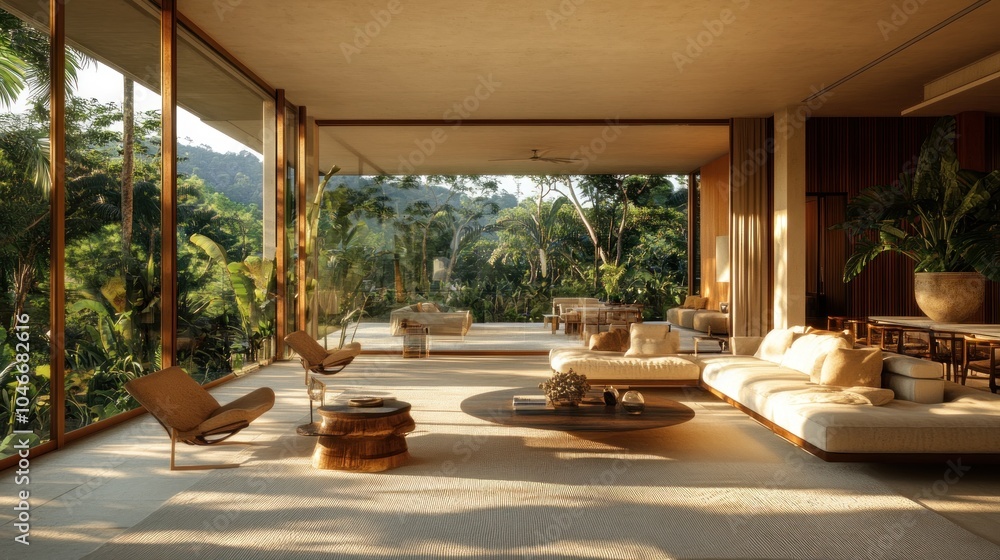 A serene, modern living space with large windows overlooking lush greenery. A serene, modern living space with large windows overlooking lush greenery.
