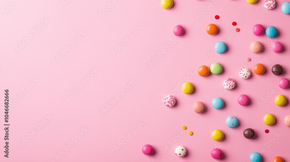 Photo of, Pink background with scattered candies for design, banner template Photo of, Pink background with scattered candies for design, banner template