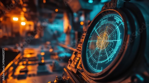 A close-up shot of a glowing blue radar screen in a futuristic spaceship cockpit.