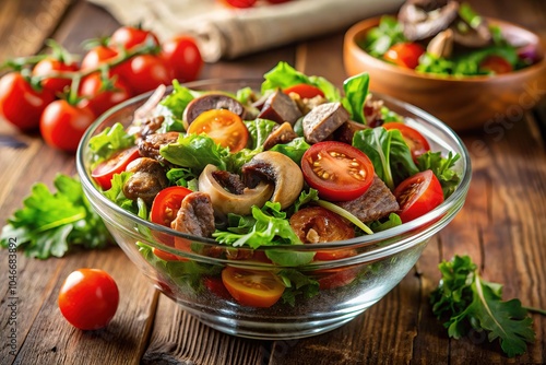 **Chicken Liver Salad Bowl with Mushrooms and Tomatoes - Gourmet Recipe**