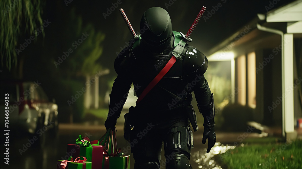 Naklejka premium Ninja carrying Christmas gifts at night