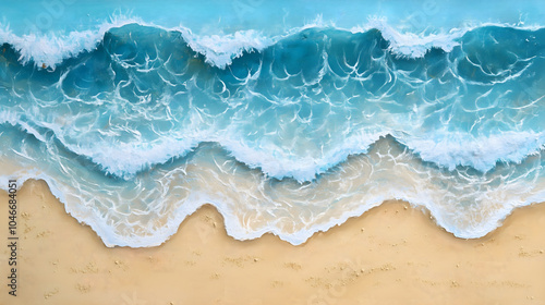  Ocean waves on the beach as a background. Aerial top down view of beach and sea with blue water waves. Beautiful natural summer vacation holidays